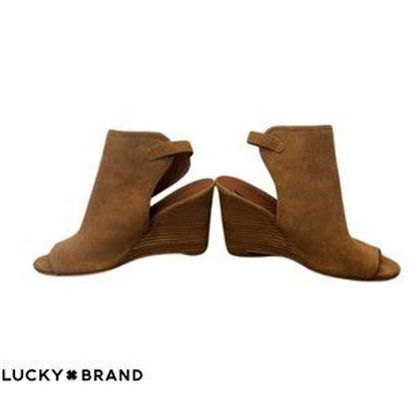 Lucky Brand Lisza Tan Suede Slingback Open Toe Bootie Wedge 8.5 - Picture 1 of 10